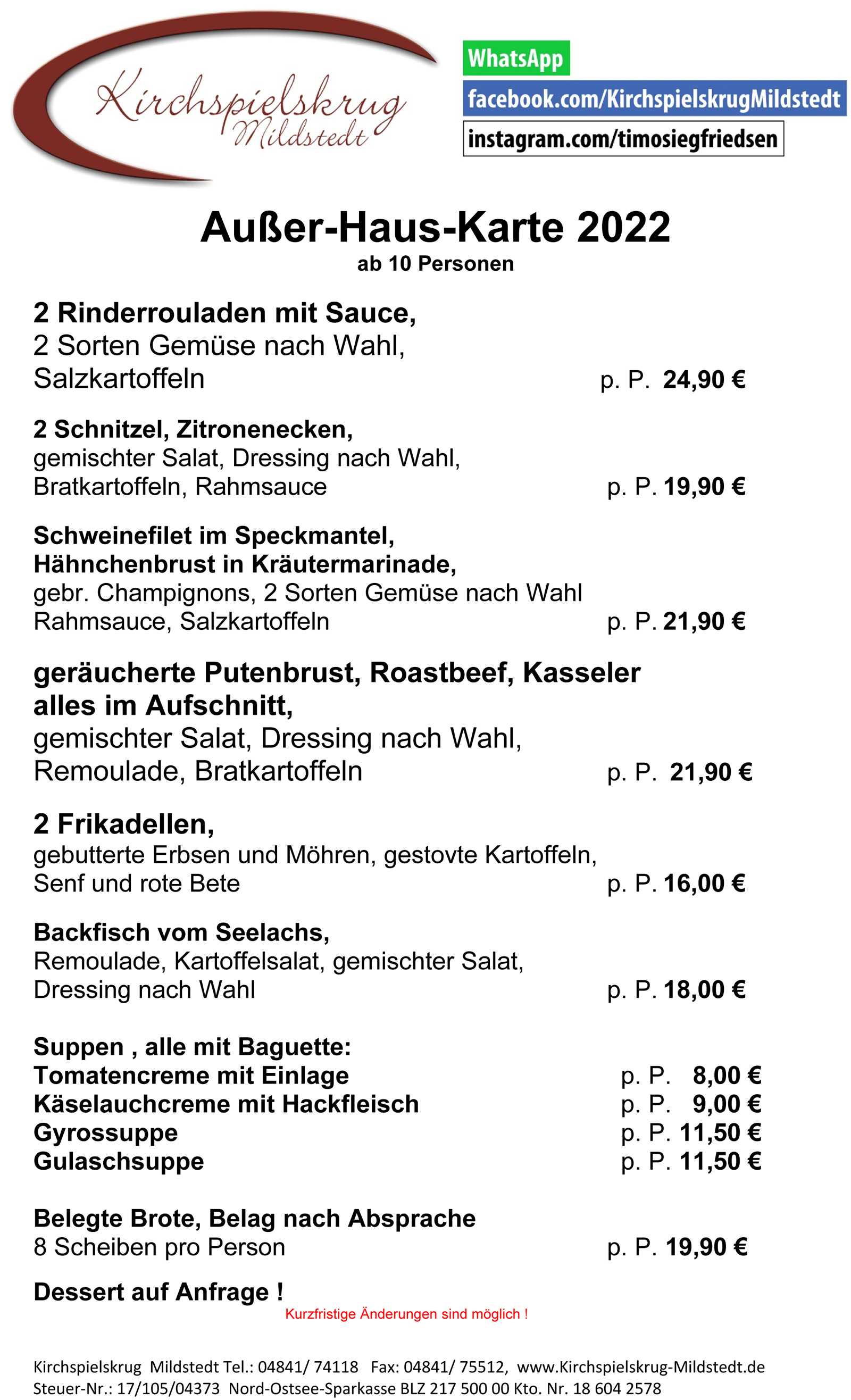 Außer-Haus-Karte - Kirchspielskrug Mildstedt bei Husum